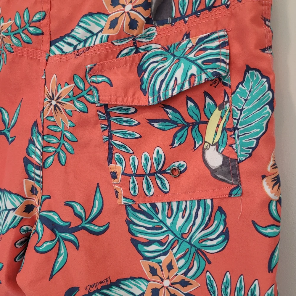 Dionne Co. Jeans Board Shorts Orange Tropical Print Pockets Drawstring  …